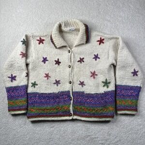 Bolivian Imports By Lucy Sweater Cardigan Women's Size Medium Wool Blend Flower